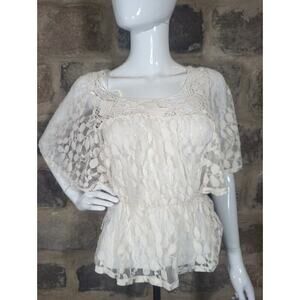 Derek‎ Heart Top Sheer Lace Peplum Hem White Flutter Sleeve Woman's Size Medium